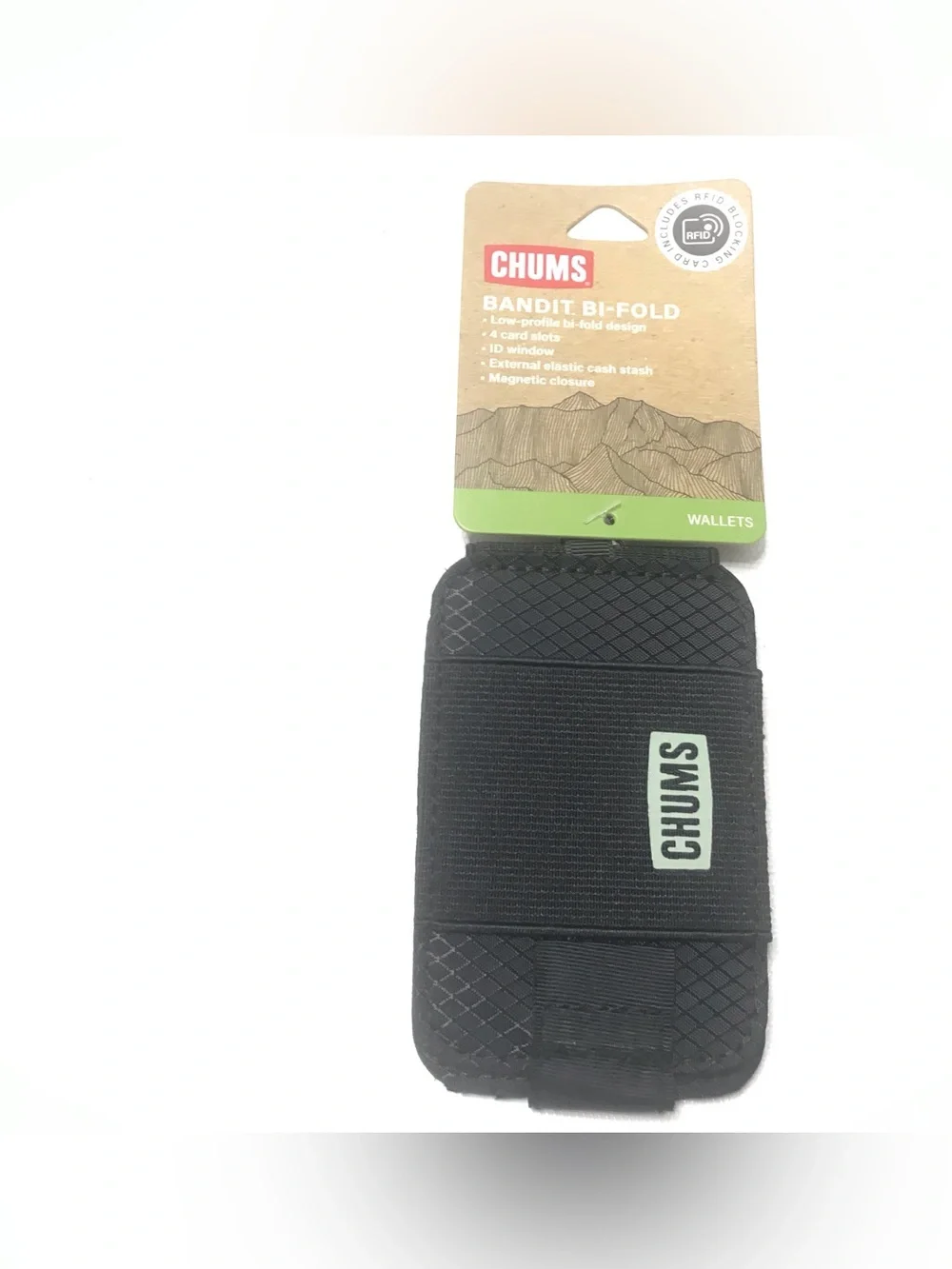 Chums Bandit Bi-Fold Wallet Mens Black RFID Blocking ID Window Magnetic Closure